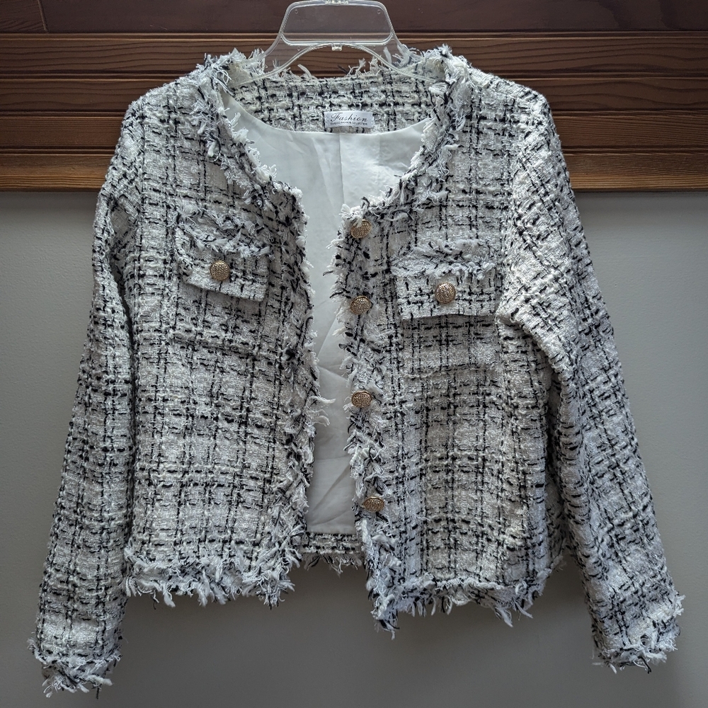 SayToRose Women's Black/White Plaid Tweed Cropped Jacket, Size Lg